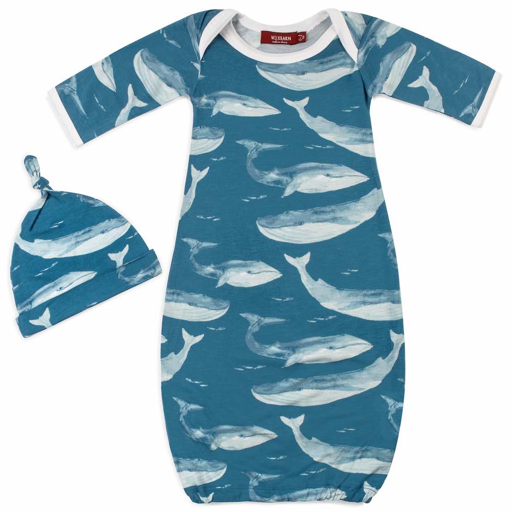 Blue Whale Bamboo Newborn Gown & Hat Set
