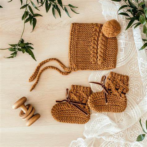 Bronze Merino Wool Bonnet and Booties
