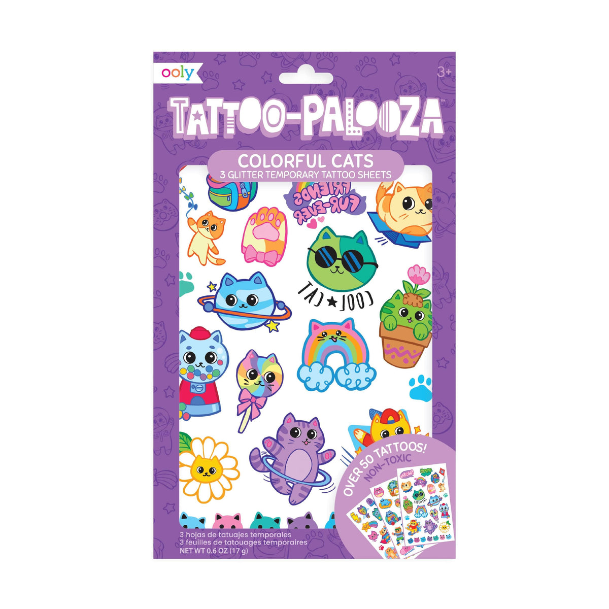 Tattoo Palooza: Glitter Temporary Tattoos - Colorful Cats (3 Sheet Set)
