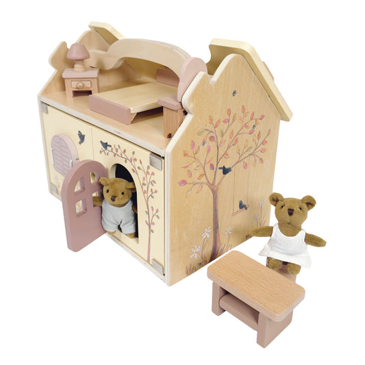 Wooden House with Plush Bears
