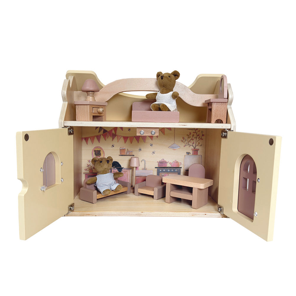 Wooden House with Plush Bears