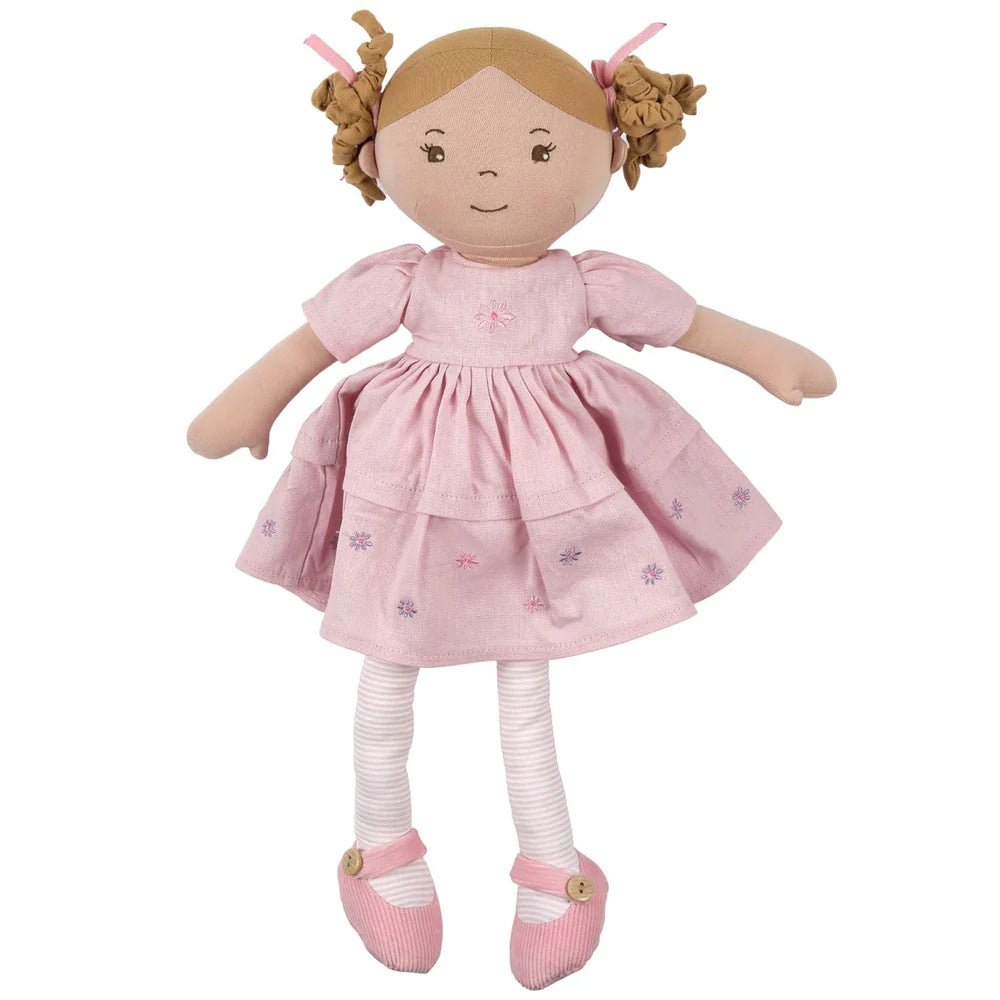 Amelia-Lt Brown Hair Doll in Linen Dress