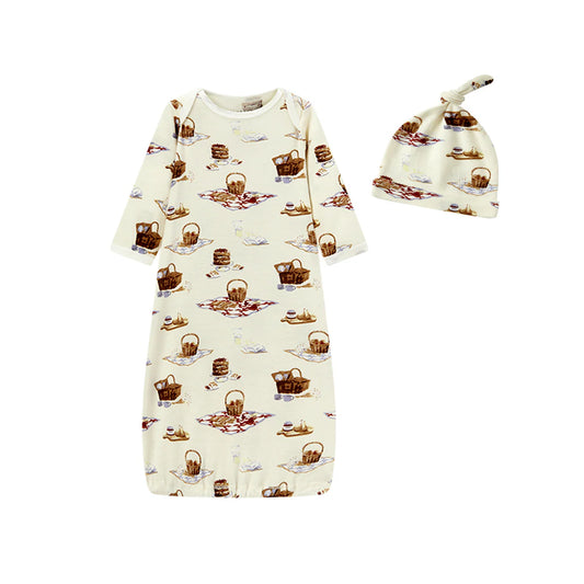 Picnic Organic Cottom Newborn Gown & Hat Set 0-3M