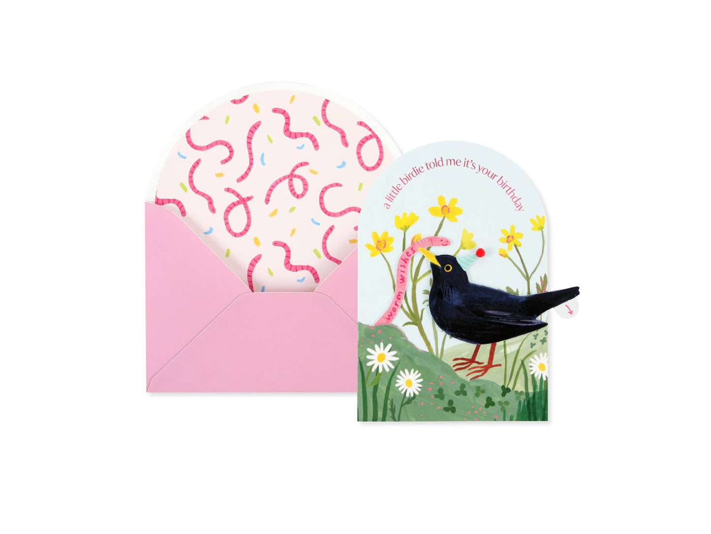 Pull-tab birthday card w/ bird & worm-pun intended
