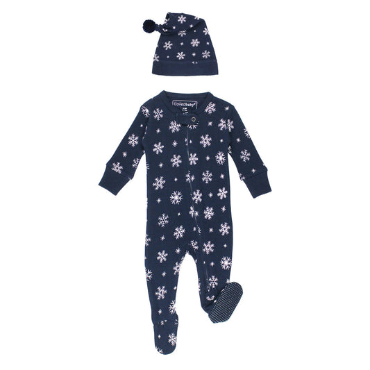 Snowy Night | Holiday Thermal Zipper Footie & Cap Set: 6-9m