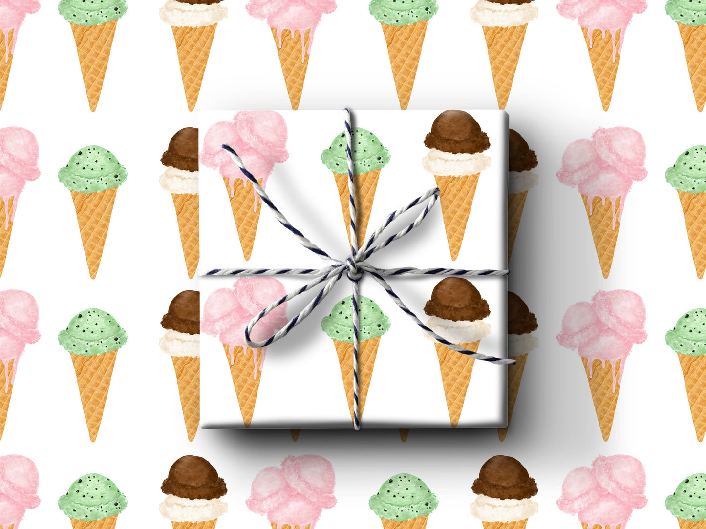 Ice Cream Cones Wrapping Paper: 3 Sheets Rolled In Cello